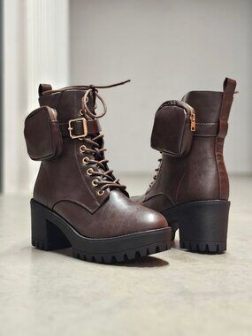 Brown Combat Boots With Chunky Heel & Detachable Side Pouches